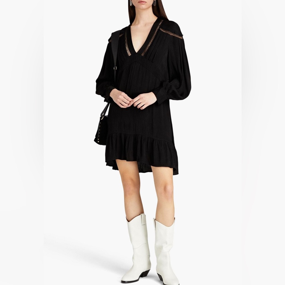 IRO • Bilam lace-trimmed plissé crepe de chine mini
dress, NWT